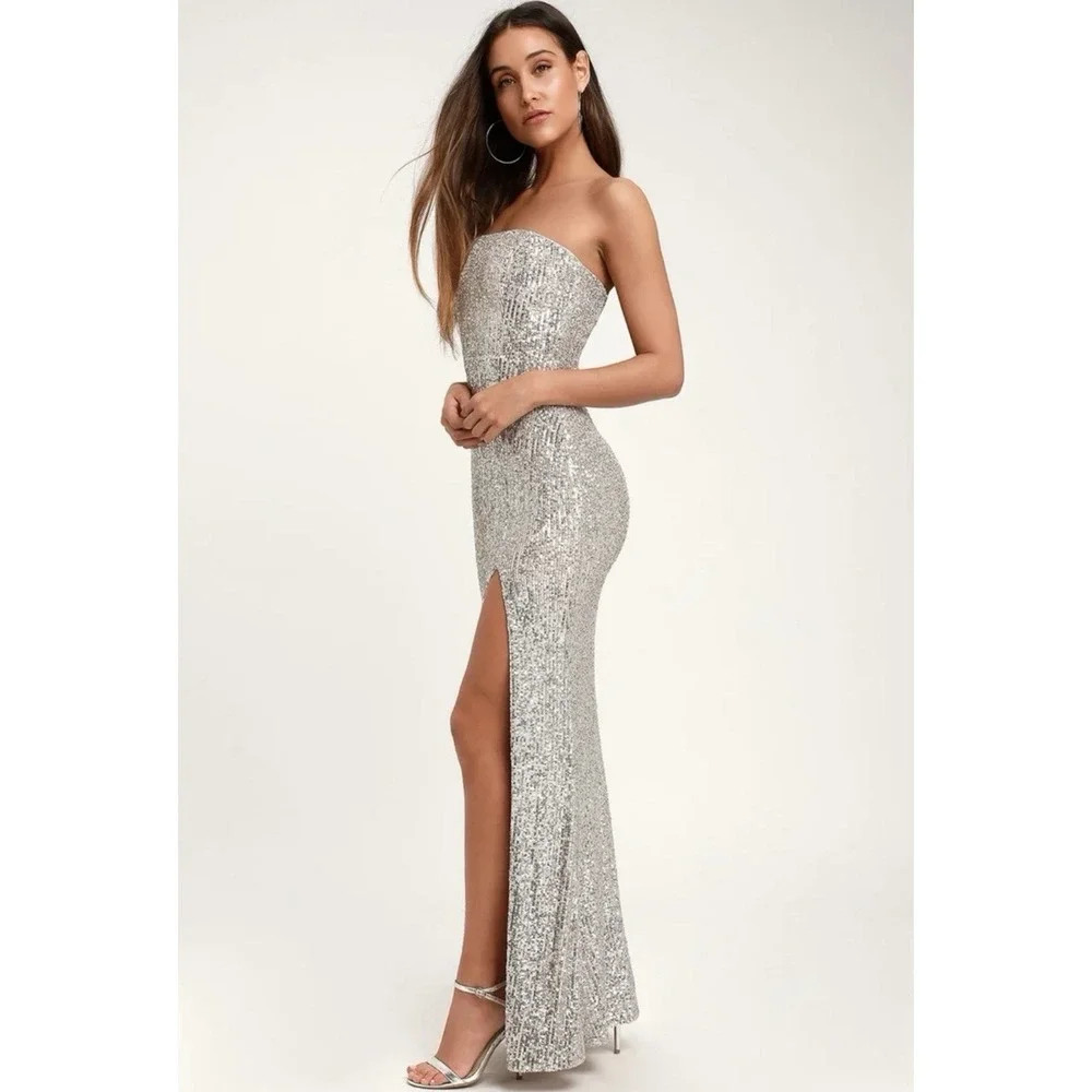 Lulus Silver Strapless Sequin Maxi Dress Medium Sexy evening formal gown - Picture 2 of 9